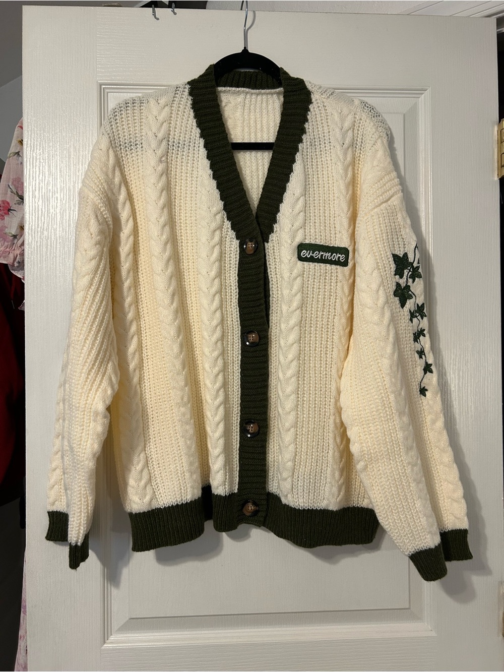 Taylor Swift Inspired Evermore Cream Cable Knit Cardigan with Ivy Trim